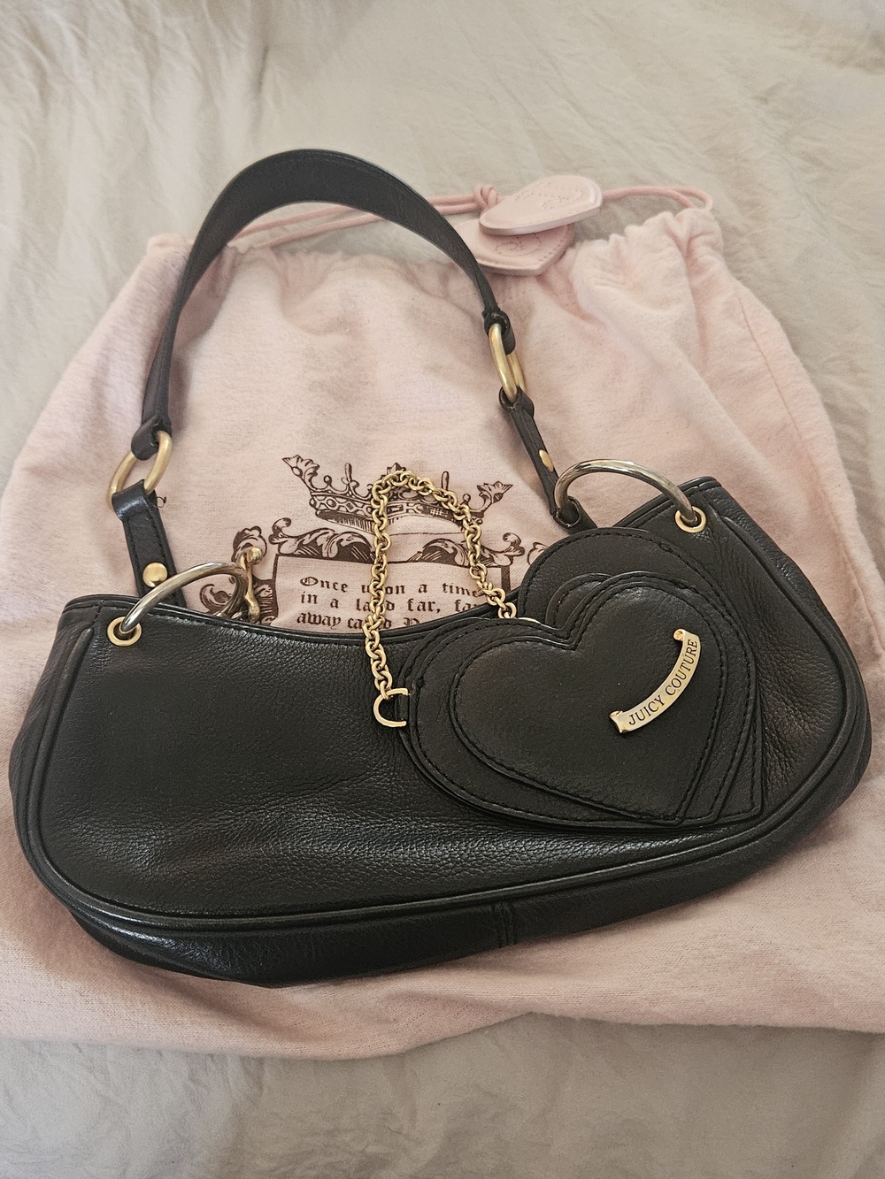 Juicy Couture Black Leather Heart Accent Shoulder Bag with Gold Hardware